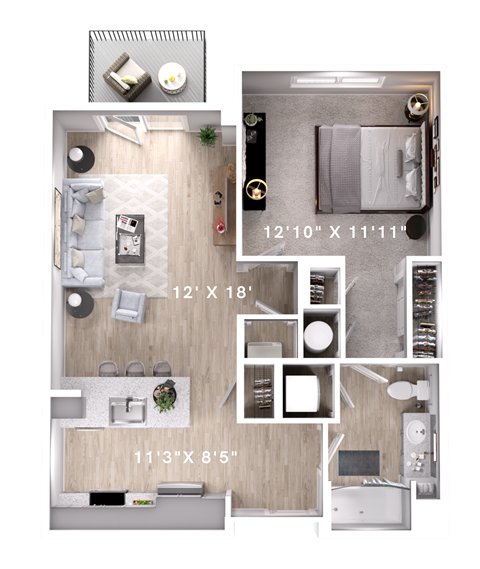 Floor plan for 1 bed, 1 bath, 707 sqft